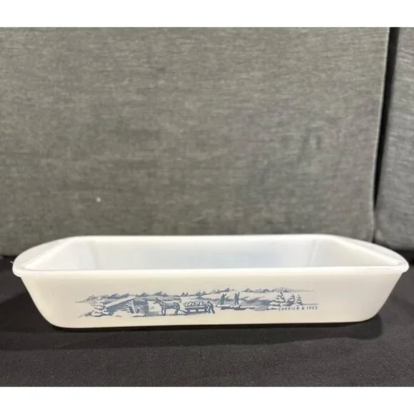 Vintage Glasbake Milk Glass Rectangular Baking Dishes With Blue Farm Scene - Picture 7 of 16